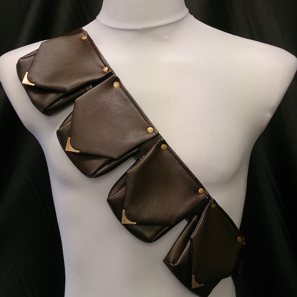 Bandoulière/ceinture à 4 pochettes, similicuir avec garnitures en métal LARP Steampunk