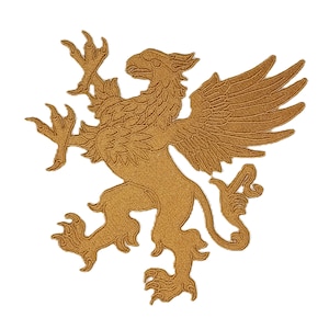 May include: A gold-coloured embroidered patch featuring a heraldic griffin, a mythical creature with the body of a lion and the head and wings of an eagle. The griffin is depicted in a regal pose, with its wings spread and claws extended, against a white background.
