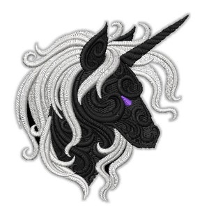 May include: Black and white embroidered design of a unicorn's head with a purple eye. The unicorn's mane and horn are white, and the rest of the design is black.