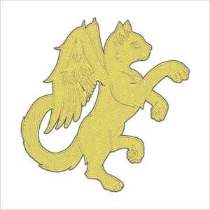 May include: A gold-coloured winged cat with a curled tail, standing on its hind legs with its front paws raised. The cat has a stylised, almost cartoon-like appearance.
