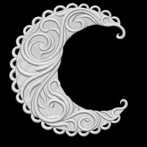 May include: White embroidered crescent moon design with intricate swirls and a scalloped edge.