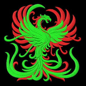 May include: A green and red phoenix with intricate details, embroidered on a black background. The phoenix is depicted with its wings spread wide, and its tail feathers are flowing behind it.