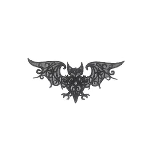 May include: Black lace bat applique with intricate details. This delicate design is perfect for adding a touch of spooky charm to crafts, clothing, or home decor.