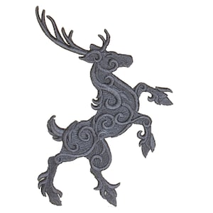 May include: A grey embroidered patch depicting a stylised deer with intricate swirling details. The deer is standing on its hind legs with its front legs raised.