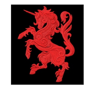 May include: Red embroidered unicorn design with intricate details. The unicorn is standing on its hind legs with its horn pointing upwards. The design is on a black background.