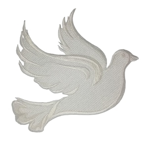 May include: White embroidered dove patch with outstretched wings, detailed with textured stitching. The bird is depicted in a flying pose, suitable for embellishing clothing or accessories. The patch is designed to be sewn on.