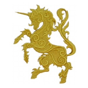 May include: A gold embroidered patch depicting a stylised unicorn with intricate details. The unicorn is standing on its hind legs with its horn pointing upwards.