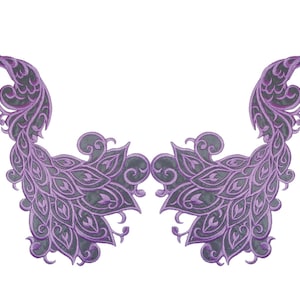 May include: A pair of symmetrical embroidered patches featuring stylised peacock motifs. Each patch displays intricate purple thread detailing over a dark grey background, forming the shape of a bird with a curved neck and a fanned tail design.