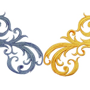 May include: Two decorative embroidered fabric embellishments in the shape of stylised floral designs. One is blue and the other is gold.