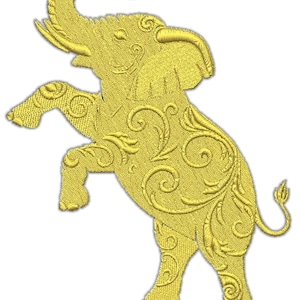 May include: A golden-yellow embroidered elephant design, standing on its hind legs with its trunk raised. The elephant is decorated with detailed floral scrollwork patterns. This decorative design is likely for an applique or patch.