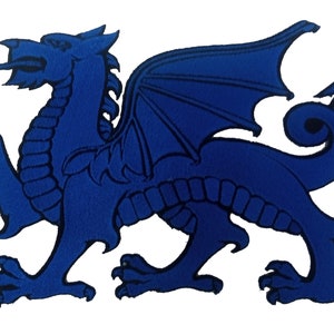 May include: A blue embroidered patch of a Welsh dragon with wings outstretched and a curled tail.