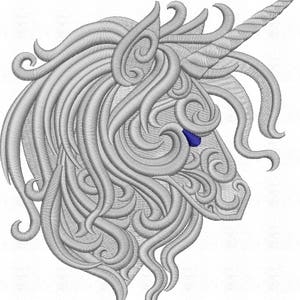 May include: A silver and blue detailed illustration of a unicorn head with a curled horn. The unicorn's mane and horn are intricately designed with swirls and curls.