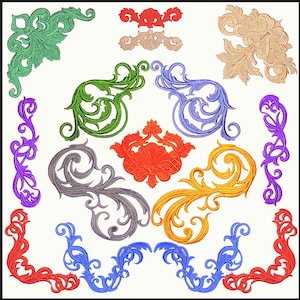 May include: A set of ten colorful decorative corner and border designs. The designs are intricate and feature swirls, scrolls, and floral motifs. The colors include green, red, orange, yellow, blue, and purple.