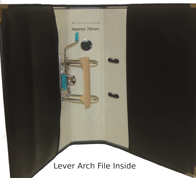 May include: Black lever arch file with a 70mm spine, open to reveal the inside of the file. The file has a metal lever mechanism and a brown cardboard insert.