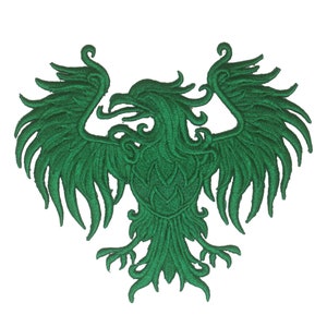 May include: Green embroidered iron-on patch of a stylised eagle with wings spread wide.
