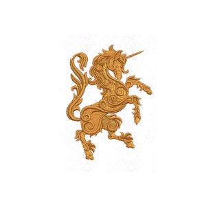 May include: A golden embroidered unicorn design, standing on its hind legs, with intricate detailing. The mythical creature has a long horn and flowing mane, set against a white background. The embroidery work is detailed and ornate.