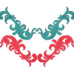 以下が含まれることがあります： ティールと赤の刺繍された2つのフローラルデザイン。ティールデザインは上部に、赤のデザインは下部にあります。どちらのデザインも対称的で渦巻くパターンで、アパレルや家の装飾品を飾るのに最適です。