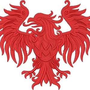 May include: A red stylized embroidered design of a bird with its wings spread wide. The bird has a detailed design with intricate patterns and swirls.