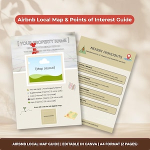 May include: A two-page digital guide template titled Airbnb Local Map & Points of Interest Guide. The first page features a map layout placeholder, property name field, and QR code area. The second page lists nearby highlights, coffee, services, and sightseeing.