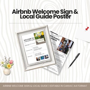 Bewerkbaar Airbnb-welkomstbordsjabloon voor Canva | Poster met lokale gids voor vakantiewoningen | Welkomstblad voor gasten op A4-formaat | Digitale download