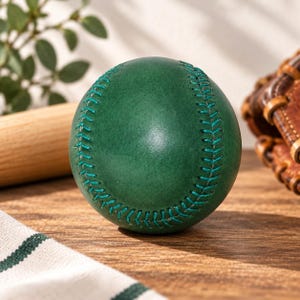 Könnte beinhalten: Ein kugelförmiger Baseball mit einer glatten, dunkelwaldgrünen Lederoberfläche und kontrastierenden türkisfarbenen Nähten. Der Ball zeigt das klassische erhabene Nahtmuster, das für einen Standard-Baseball charakteristisch ist.