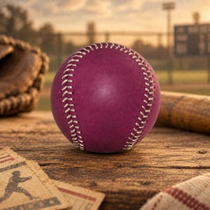 Könnte beinhalten: Ein tief magentafarbener Baseball mit markanten weißen Nähten. Der Ball ist kugelförmig und hat eine glatte, matte Textur, die das klassische erhabene Nahtmuster zeigt, das für einen Standard-Baseball für Sport und Training typisch ist.