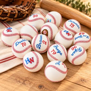 Może przedstawiać: Kolekcja białych piłek baseballowych z czerwonymi szwami, z których każda zawiera unikalny tekst lub liczby w kolorze niebieskim, czerwonym lub czarnym. Piłki prezentują różne imiona, takie jak Brown, Freya, Ryan i Summer, oraz liczby, w tym 2, 19, 70, 75, 95 i 96.