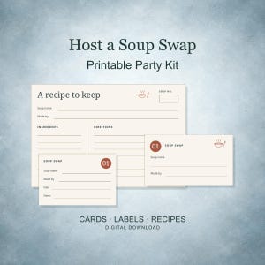 Kit imprimible para intercambio de sopas de invierno: tarjetas numeradas, etiquetas para recipientes y tarjetas de recetas, registro de anfitriones, PDF en formato A4 y Carta.