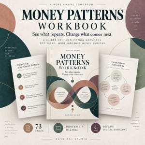 May include: A Money Patterns Workbook by Dave Phi Studio featuring a cream cover with an infinity symbol in dark green and muted red. The workbook is displayed with two open pages showing text about identifying money patterns and possibilities.