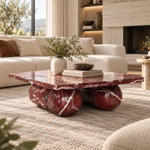 Rosso Levanto Marble Coffee Table  Square Top  Sculptural Boulder Feet  Red Marble Statement Table  Handmade Luxury Decor
