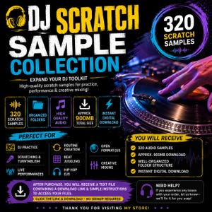 May include: A digital product advertisement for a DJ scratch sample collection featuring 320 audio samples. The graphic includes text detailing 900MB total size, organized folders, and instant digital download, set against a dark background.