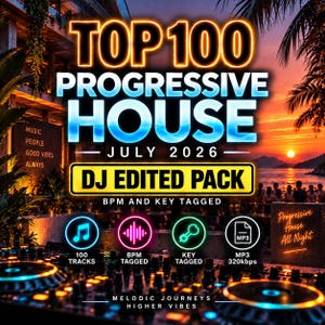 May include: A digital graphic for a Top 100 Progressive House July 2026 DJ edited pack. The text features neon blue and orange lettering over a sunset beach scene. Icons indicate 100 tracks, BPM tagged, key tagged, and MP3 320kbps file format.