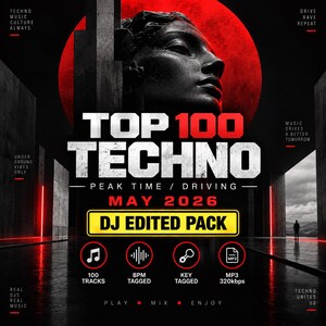 Könnte beinhalten: Eine digitale Grafik mit einem steinartigen Gesicht vor einem roten kreisförmigen Hintergrund mit dem Text TOP 100 TECHNO PEAK TIME / DRIVING MAY 2026 DJ EDITED PACK. Enthält Symbole für 100 Tracks, BPM tagged, key tagged und MP3 320kbps Dateien.