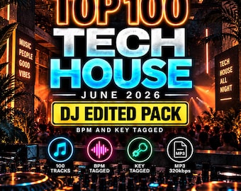 May include: A digital graphic for a Top 100 Tech House June 2026 DJ edited pack. The text features neon blue and orange lettering over a club scene. Icons indicate 100 tracks, BPM tagged, key tagged, and MP3 320kbps format with additional text.