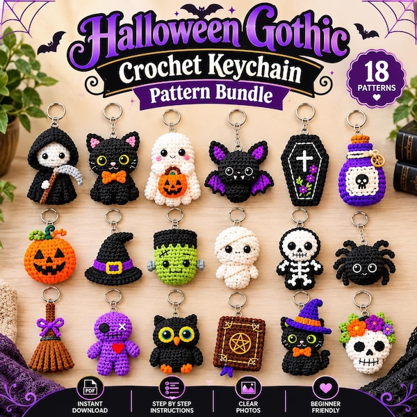 Halloween Gothic Keychain Crochet Pattern Bundle | 18 Amigurumi Keychain Patterns PDF | Skeleton Bat Ghost Witch Skull Spider Set
