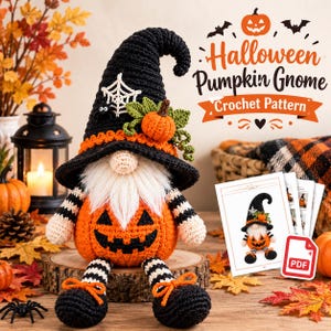 Halloween Pumpkin Gnome Crochet Pattern | Witch Hat Jack O Lantern Amigurumi PDF | Fall Gnome Tutorial | Digital Download