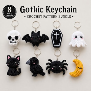May include: Eight crochet keychain patterns featuring a skull, bat, coffin, ghost, black cat, crow, spider, and crescent moon. The text reads 8 CUTE DESIGNS GOTHIC KEYCHAIN CROCHET PATTERN BUNDLE. Each item includes a silver metal keyring and chain.