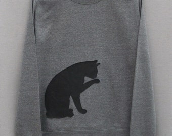 Leather Cat Sweatshirt Light Grey Crew Neck Sweater Jumper Pullover