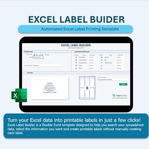 Può includere: Un'interfaccia digitale per un modello Excel Label Builder visualizzata su uno schermo. Il layout include sezioni per la ricerca di record, la formattazione del contenuto delle etichette e una finestra di anteprima.