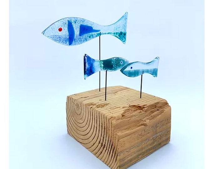 Featured listing image: Shoal of three fish - recycled fused greenhouse glass on a driftwood base