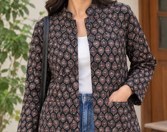 Handmade Black Quilted Jacket, Cotton Block Print Jacket, Women’s Padded Jacket, Boho Ethnic Jacket, Lightweight Winter Coat