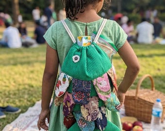 Green Fish Patchwork Drawstring Backpack, Handmade Patchwork Backpack, Boho Fabric Bag, Unique Small Backpack, Kids & Women Gift
