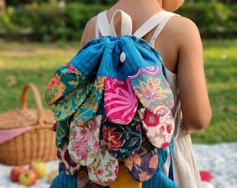 Blue Fish Patchwork Fabric Backpack, Handmade Patchwork Backpack, Boho Fabric Bag, Unique Small Backpack, Kids & Women Gift