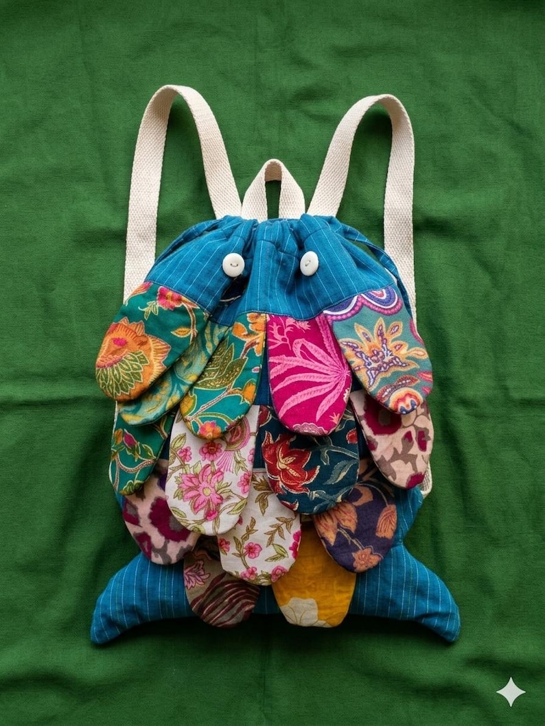 May include: A fish-shaped drawstring backpack made of blue pinstriped fabric with two white button eyes. The body is covered in overlapping fabric scales featuring various colorful floral and botanical patterns, with cream-colored shoulder straps.