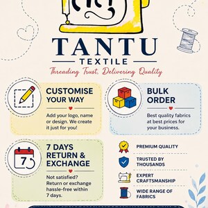 May include: A Tantu Textile business flyer featuring a yellow sewing machine illustration, the text TANTU TEXTILE, Threading Trust, Delivering Quality, and sections for custom orders, bulk orders, and a 7-day return policy with contact details.