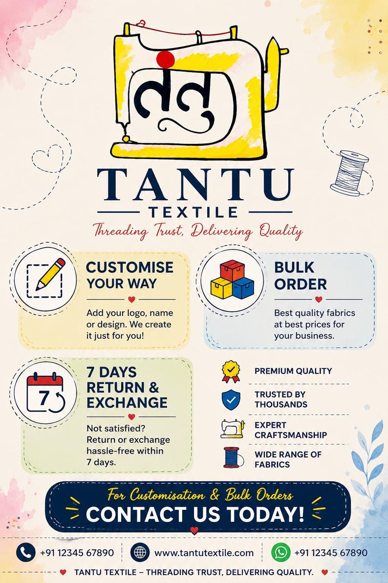 May include: A Tantu Textile business flyer featuring a yellow sewing machine illustration, the text TANTU TEXTILE, Threading Trust, Delivering Quality, and sections for custom orders, bulk orders, and a 7-day return policy with contact details.