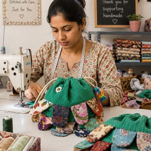 May include: A green drawstring pouch featuring a quilted texture and a decorative layer of multi-colored floral fabric petals. The pouch includes a small white flower button and a colorful fish-shaped charm attached to the cream-colored cord.