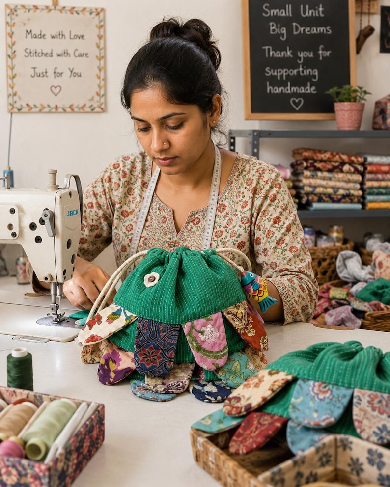 May include: A green drawstring pouch featuring a quilted texture and a decorative layer of multi-colored floral fabric petals. The pouch includes a small white flower button and a colorful fish-shaped charm attached to the cream-colored cord.