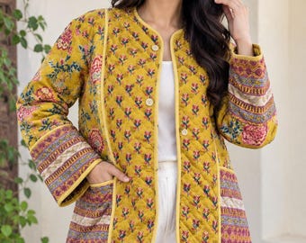 Handmade Quilted Jacket for Women, Yellow Floral Cotton Jacket, Boho Patchwork Coat, Lightweight Ethnic Jacket, Gift for Her