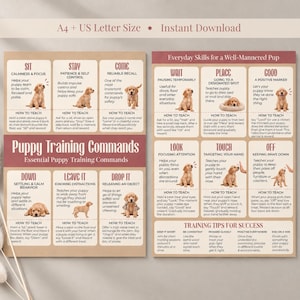 May include: Two printable puppy training command charts on a beige background. The left chart lists commands like Sit, Stay, and Come with puppy photos. The right chart details skills like Wait, Place, and Good, including training tips for success.